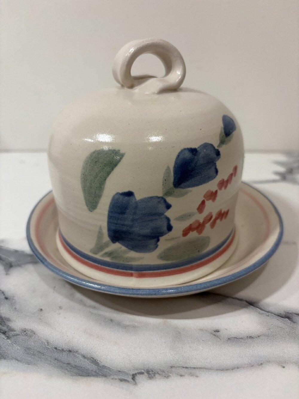 Coyote Hill Pottery Vintage Floral Covered Butter Dish Blue Pink Stoneware